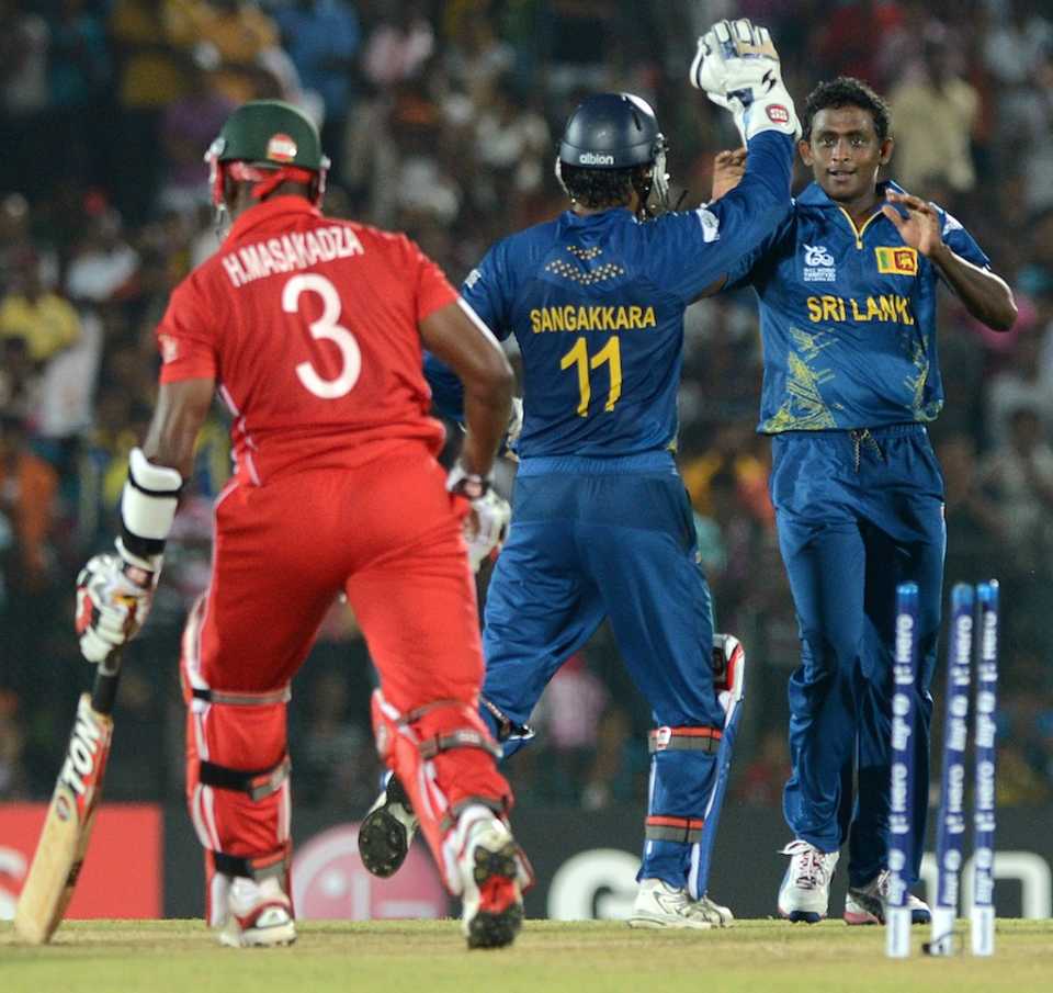 Ajantha Mendis celebrates the wicket of Hamilton Masakadza, Sri Lanka v Zimbabwe, Group C, World T20 2012, Hambantota, September 18, 2012