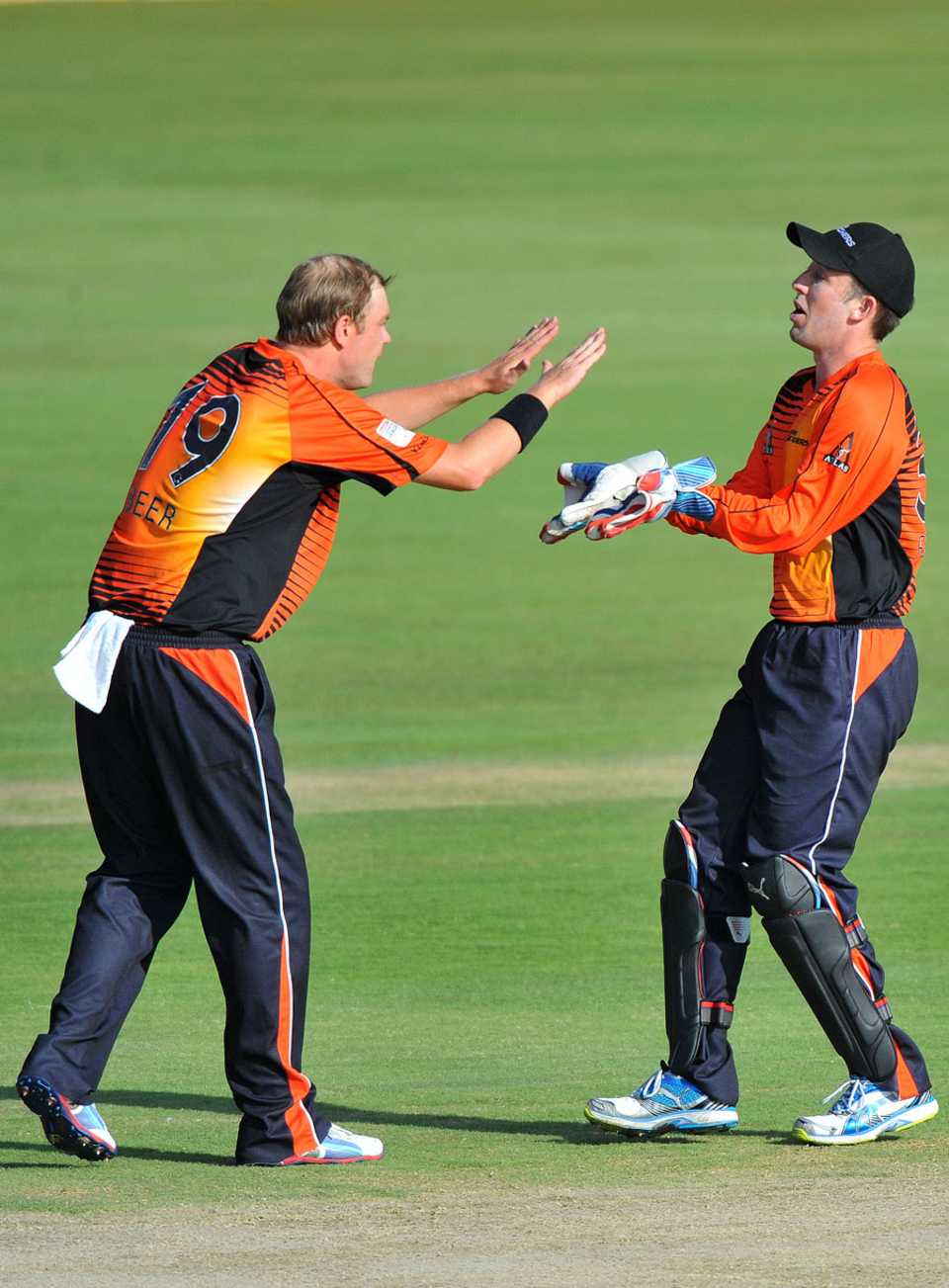 Michael Beer celebrates a wicket with Luke Ronchi, Auckland Aces v Perth Scorchers, Champions League T20, Centurion, October 23, 2012