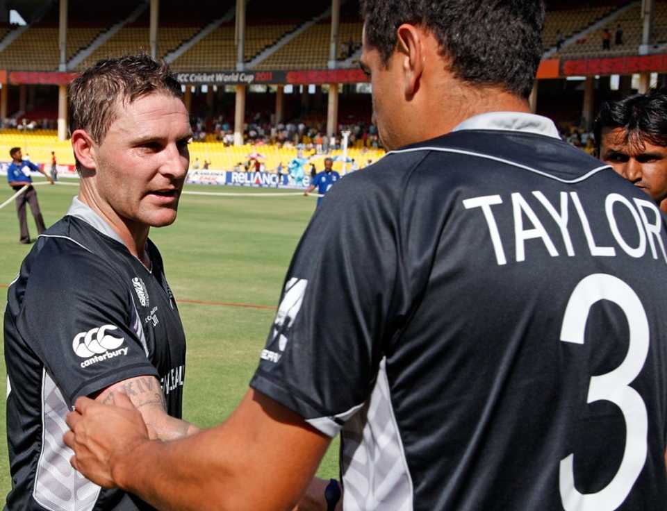 Brendon McCullum shakes Ross Taylor's hand, New Zealand v Zimbabwe, Group A, World Cup 2011, Motera, March 4, 2011