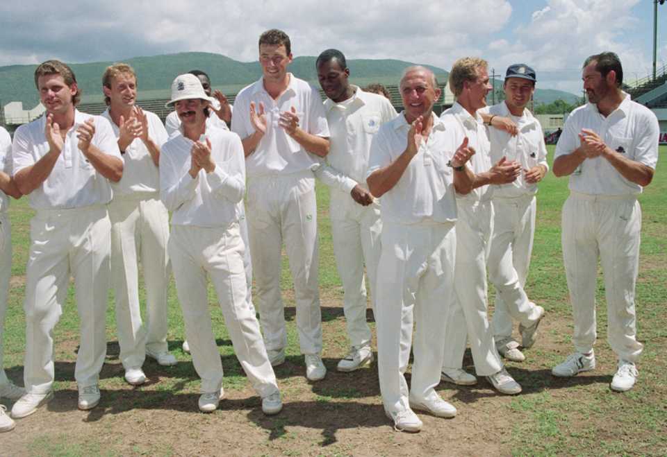 England players  and support staff (from left): Robin Smith, David Capel, Jack Russell, Angus Fraser, Chris Lewis, Micky Stewart, Alec Stewart, Nasser Hussain, Graham Gooch celebrate their nine-wicket victory, West Indies v England, 1st Test, Jamaica, 5th day, March 1, 1990