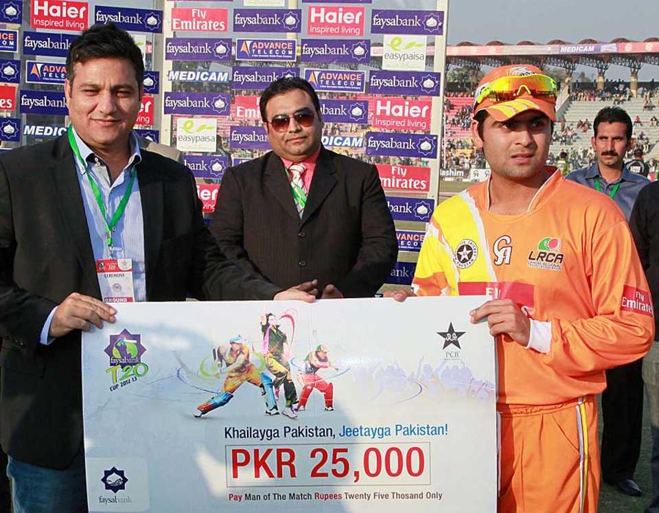 Ahmed Shehzad was adjudged the man of the match after scoring a century, Lahore Lions v Bahawalpur Stags, semi-final, Faysal Bank T-20 Cup, Lahore, December 8, 2012