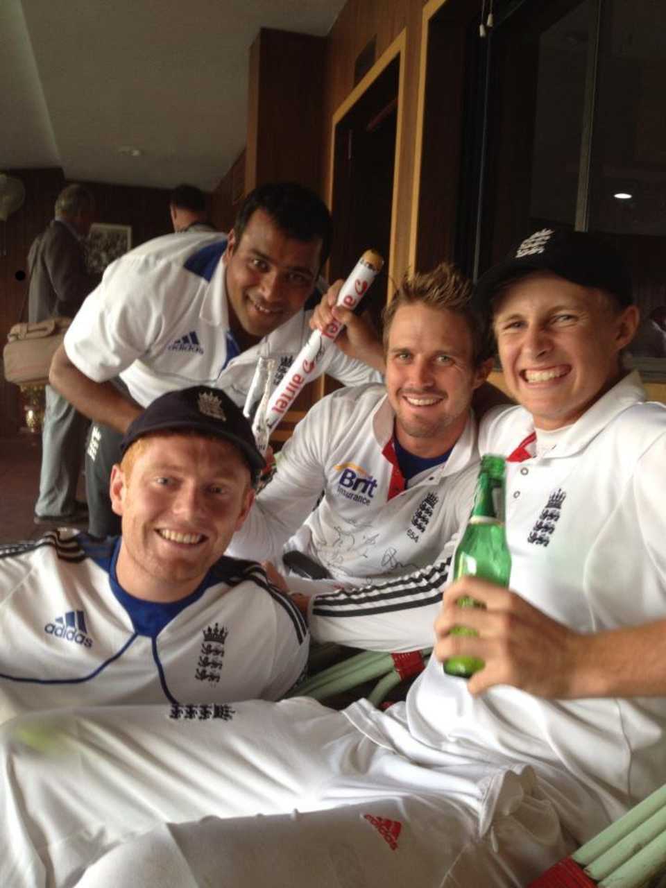 Nick Compton, Joe Root, Samit Patel and Jonny Bairstow relax after victory, celebrates the series win, India v England, 4th Test, Nagpur, 5th day, December 17, 2012