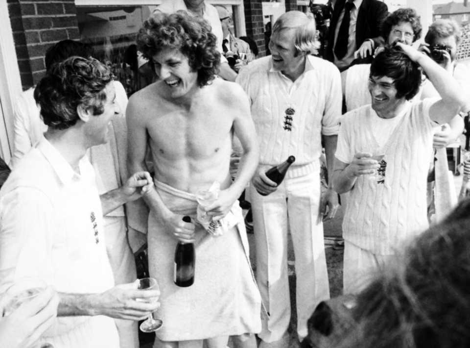 Mike Brearley, Bob Willis, Tony Greig and Alan Knott celebrate England's Ashes win