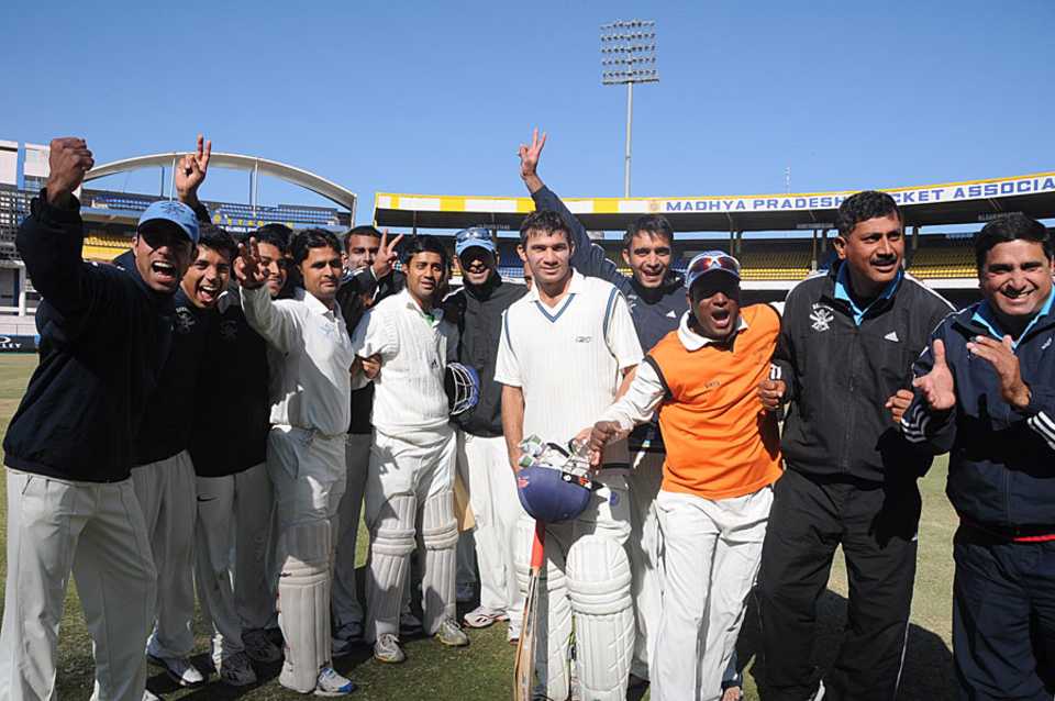 Services celebrate their entry to the Ranji semi-finals, Services v Uttar Pradesh, Ranji Trophy quarter-final, Indore, 3rd day, January 8, 2013
