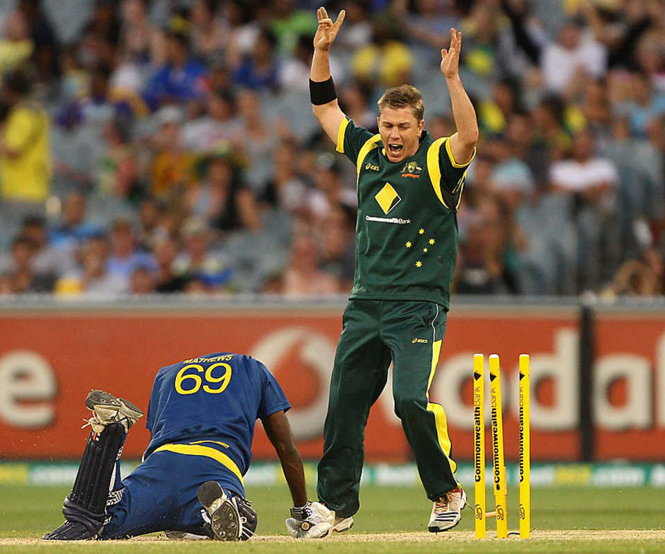 Xavier Doherty reacts as Angelo Mathews is run out, Australia v Sri Lanka, 1st ODI, Melbourne, January 11, 2013
