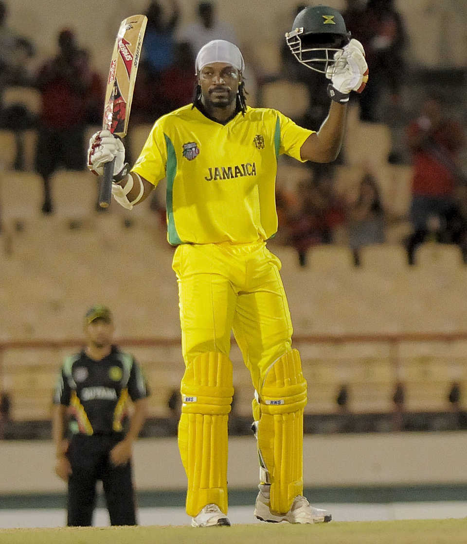 Chris Gayle acknowledges the applause after reaching his century, Jamaica v Guyana, Caribbean T20, playoff, St Lucia, January 19, 2013