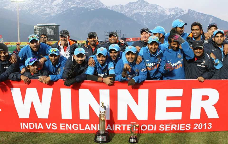 The Indian team poses after winning the series 3-2