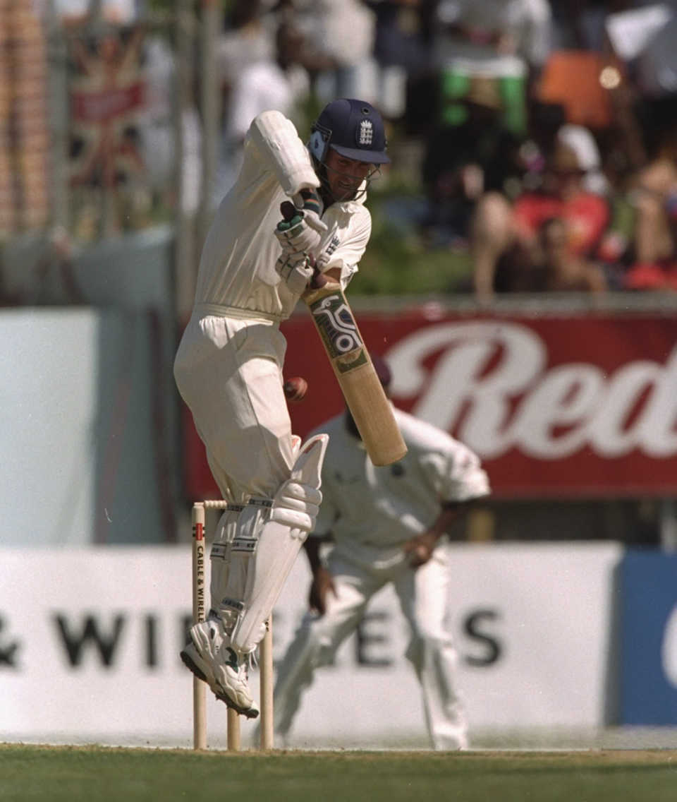 Graham Thorpe tries to get on top of a short ball, West Indies v England, 1st Test, Jamaica, January 29, 1998