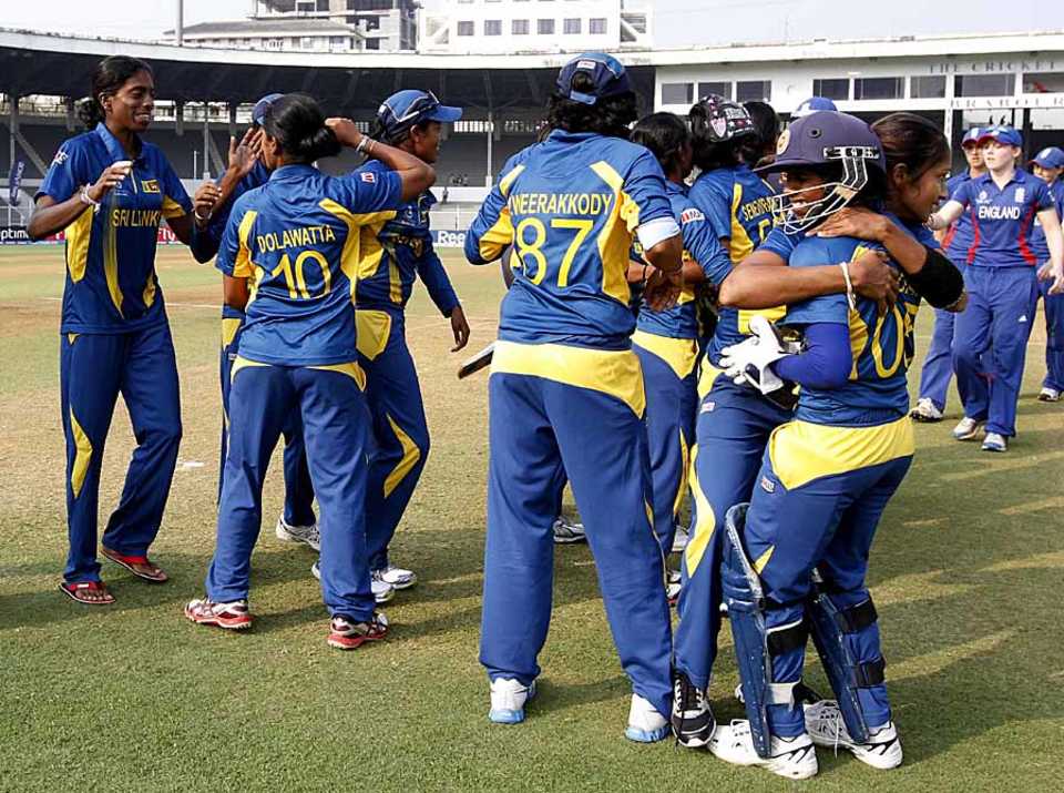 Sri Lankan players celebrate after their one-wicket victory