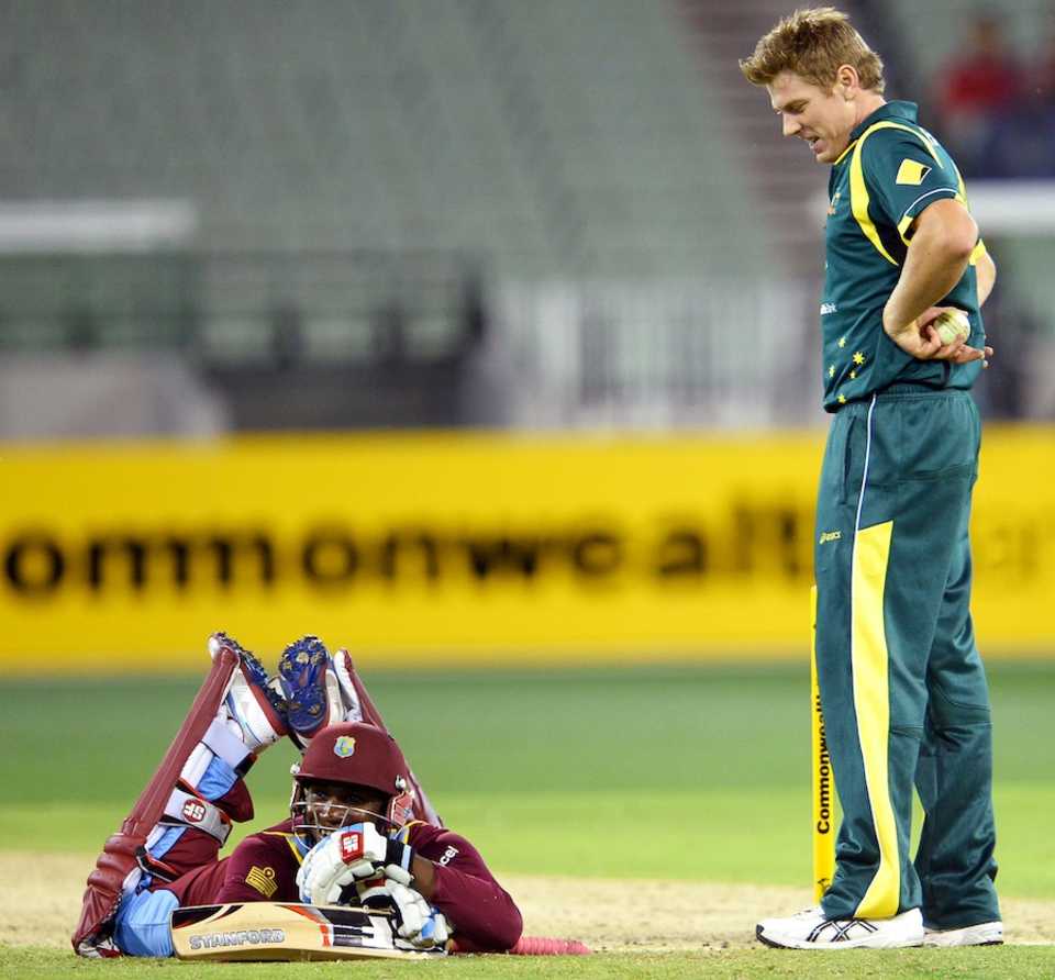 James Faulkner looks down on Devon Thomas after running him out