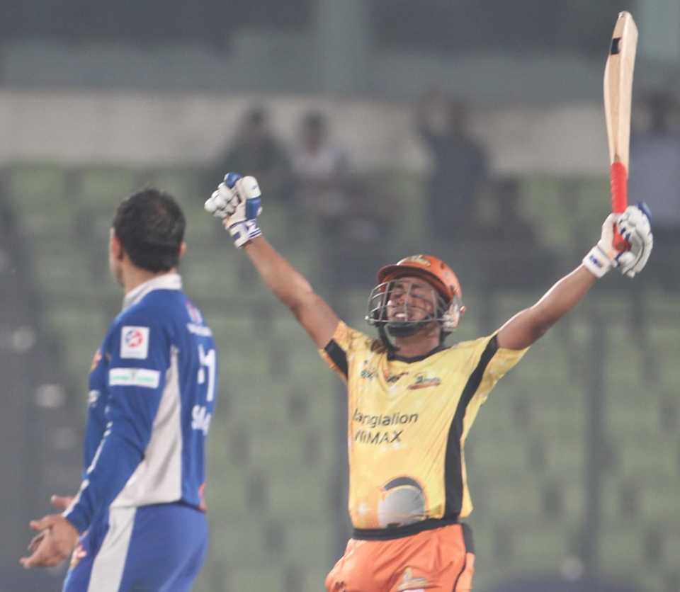 Mohammad Ashraful exults after Dhaka Gladiators' six-wicket win, Dhaka Gladiators v Khulna Royal Bengals, BPL, Mirpur, February 11, 2013