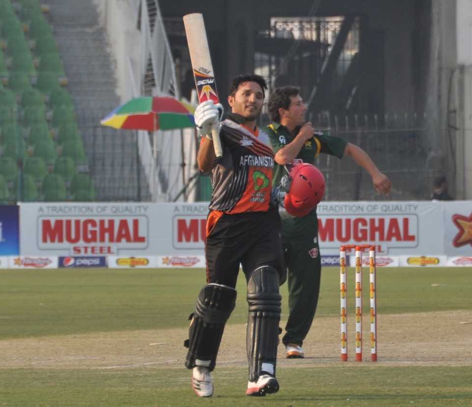 Gulbodin Naib celebrates his hundred, Pakistan A v Afghanistan, 2nd one-dayer, Lahore, February 12, 2013