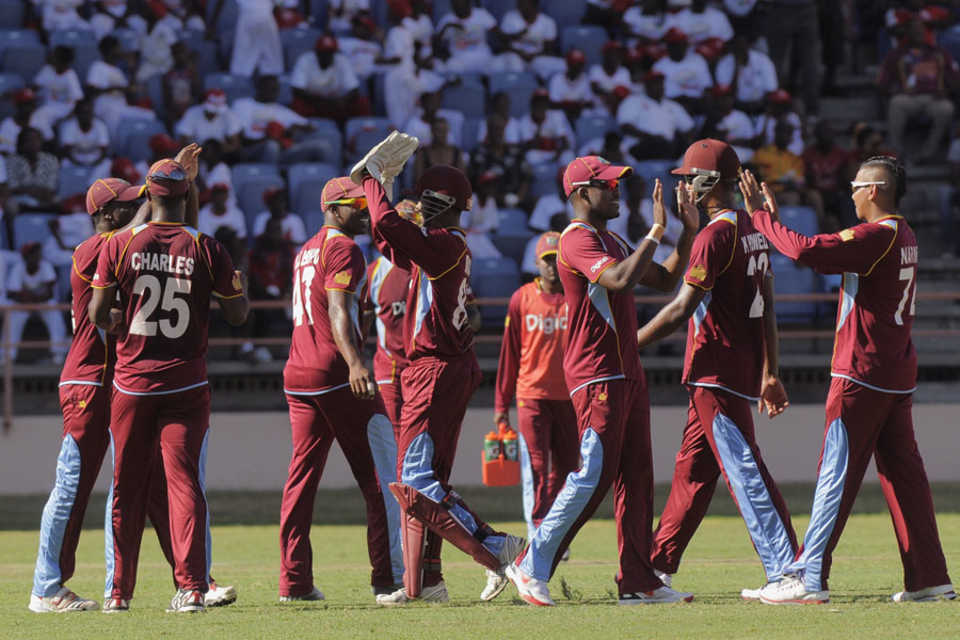 West Indies celebrate a wicket on their way to a comprehensive win