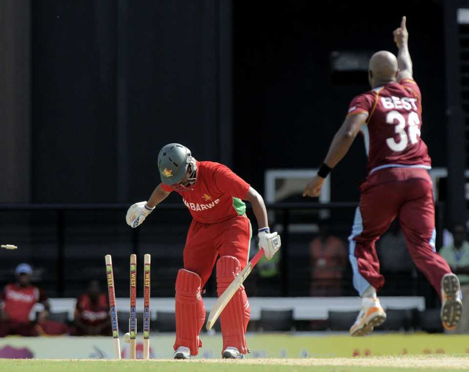 Tino Best cleans up Chamu Chibhabha, West Indies v Zimbabwe, 1st T20I, North Sound, March 2, 2013