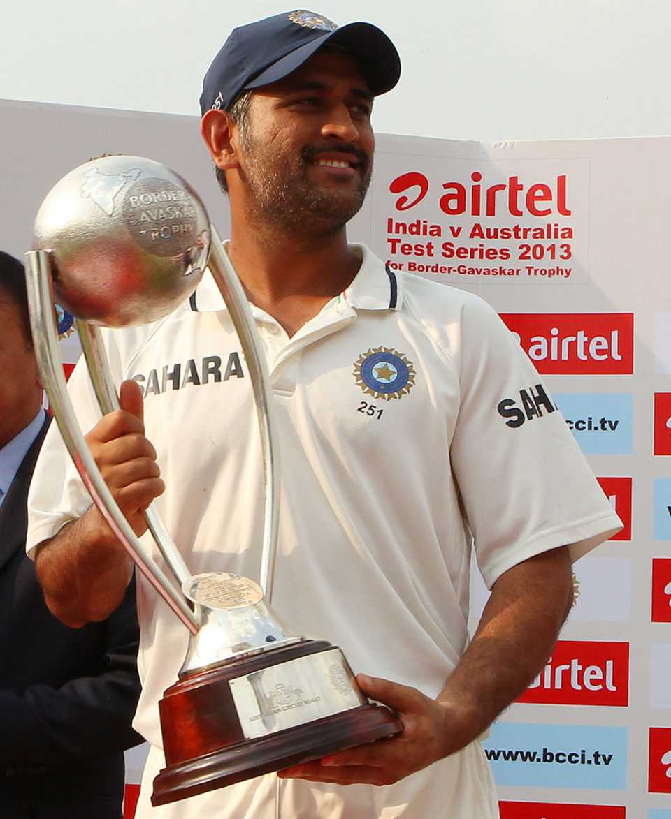 MS Dhoni with the Border-Gavaskar trophy, India v Australia, 4th Test, Delhi, 3rd day, March 24, 2013