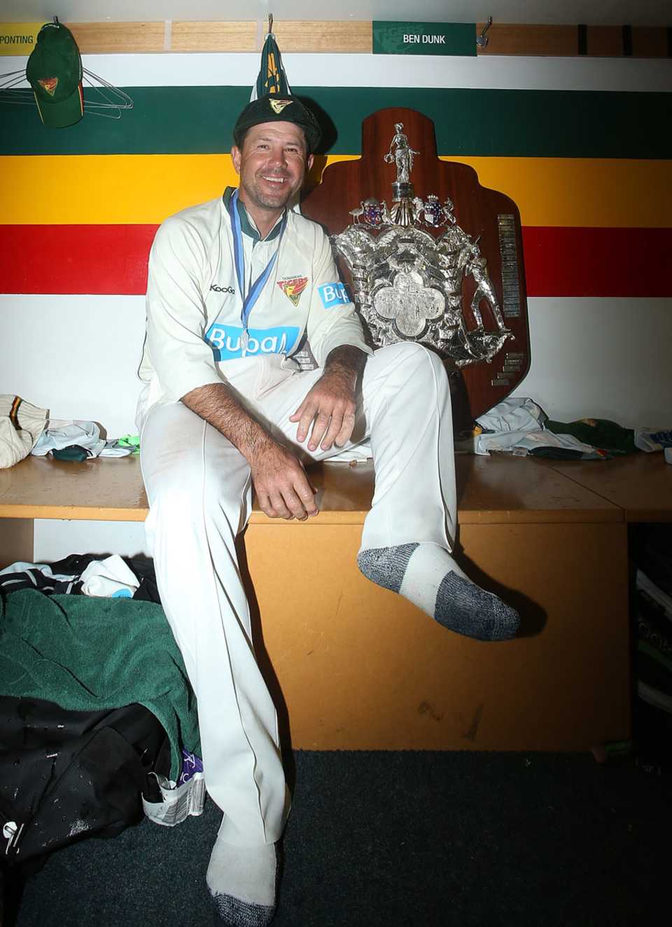 Ricky Ponting with the Sheffield Shield after Tasmania won the title on Tuesday. This is Ponting's first Shield title, Tasmania v Queensland, Sheffield Shield final, 5th day, Hobart, March 26, 2013