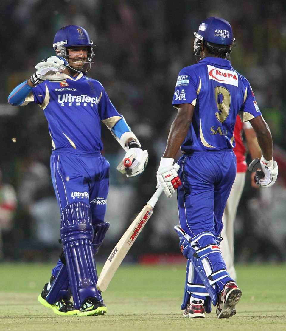 Ajinkya Rahane and Sanju Samson celebrate after scoring the winning runs