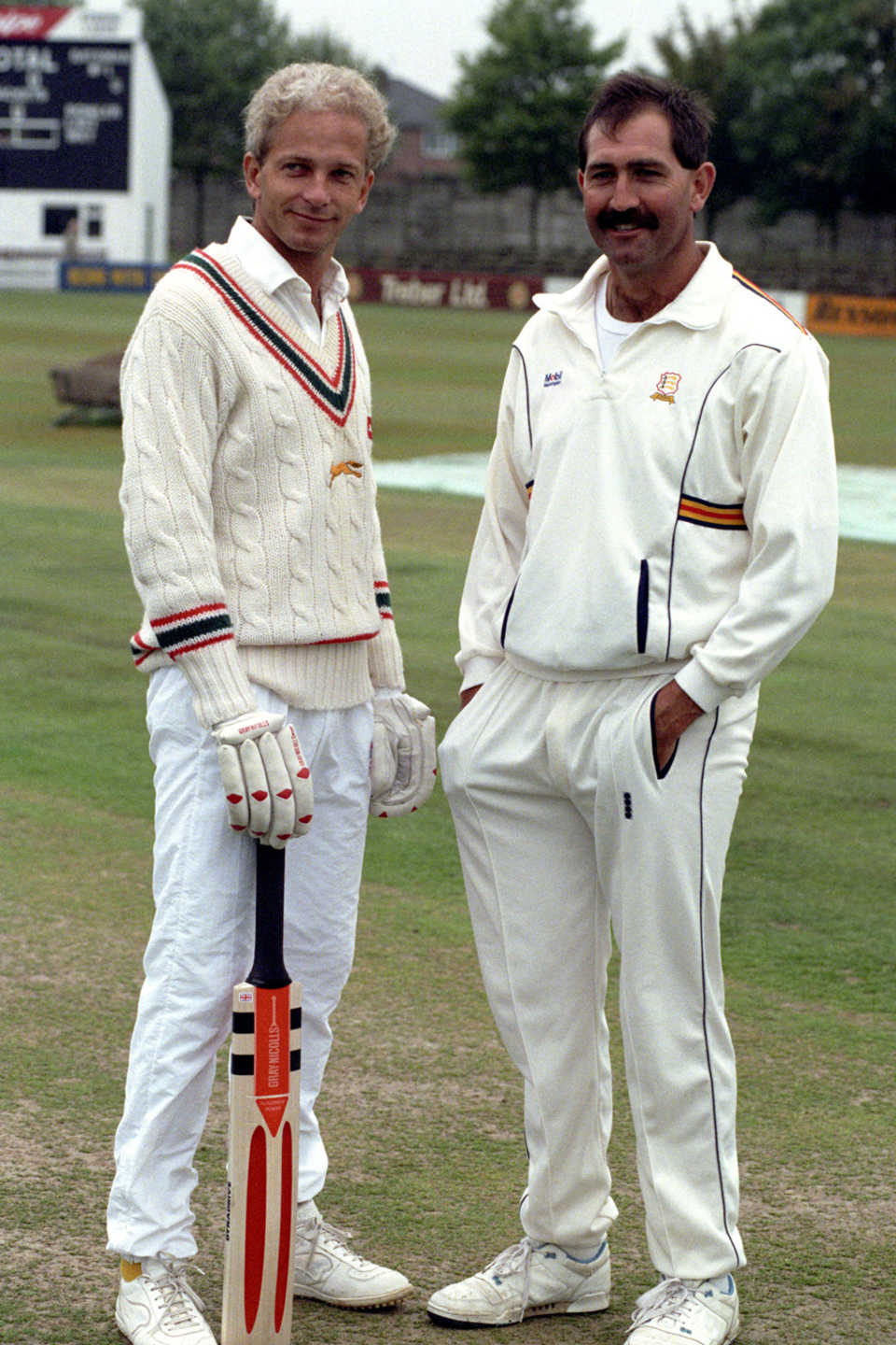 David Gower and Graham Gooch pose for photographs before the start of the county match, Leicestershire v Essex, County Championship, Grace Road, 1st day, September 8, 1989