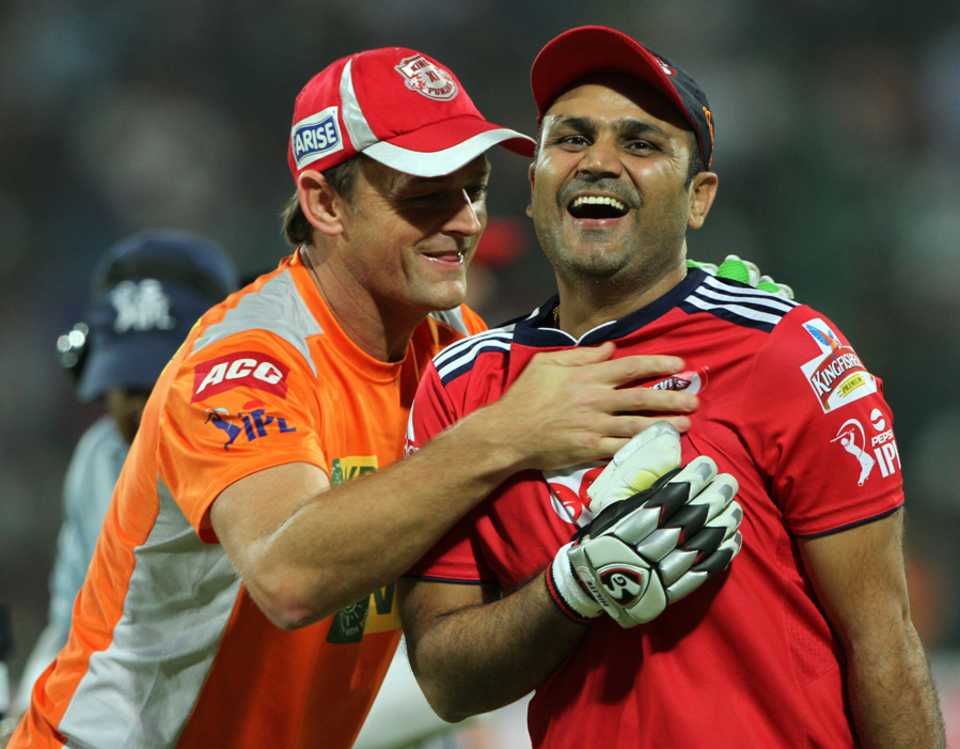 Adam Gilchrist and Virender Sehwag have a laugh
