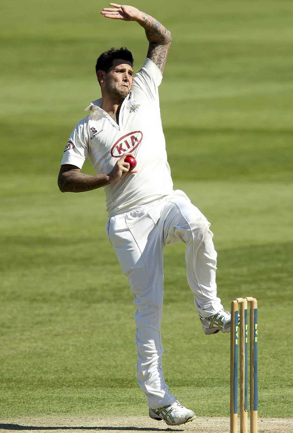 Jade Dernbach nipped out two wickets in two balls after tea