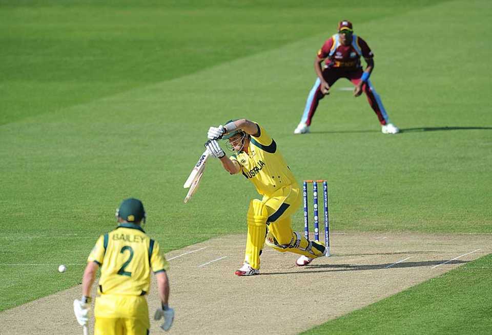 Shane Watson's bat breaks as he drives through the off side, Australia v West Indies, Champions Trophy 2013 warm-up match, Cardiff, June 1