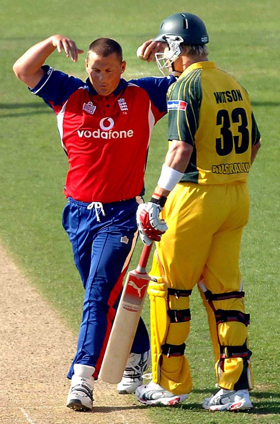 Darren Gough mocks Shane Watson who days earlier had reportedly been so terrified by a ghost at the team hotel he had fled his own room and slept the night on Brett Lee's floor, England v Australia, NatWest Series, Chester-le-Street, June 23, 2005 