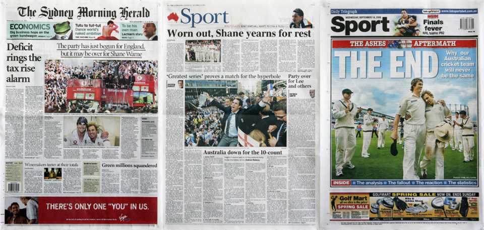 Headlines in Australian newspapers after the team conceded the Ashes