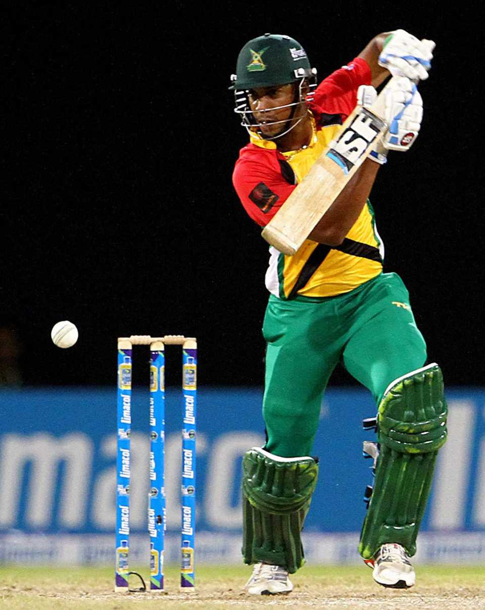 Lendl Simmons punches the ball through the off side, Guyana Amazon Warriors v St Lucia Zouks, Caribbean Premier League 2013, Providence, August 4, 2013