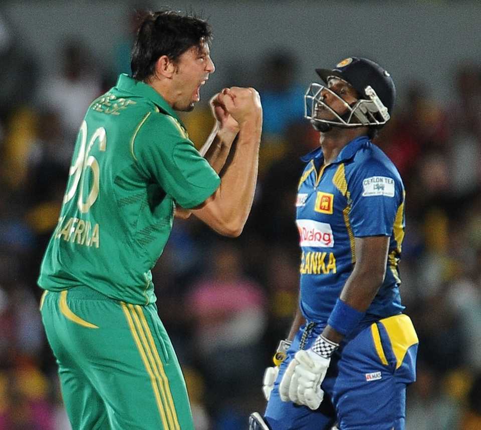 David Wiese celebrates Angelo Mathews' wicket, Sri Lanka v South Africa, 3rd T20, Hambantota, August 6, 2013