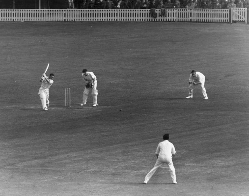 Neil Harvey drives a ball drom Ray Illingworth, England v Australia, first Test, Edgbaston, 9 June 1961