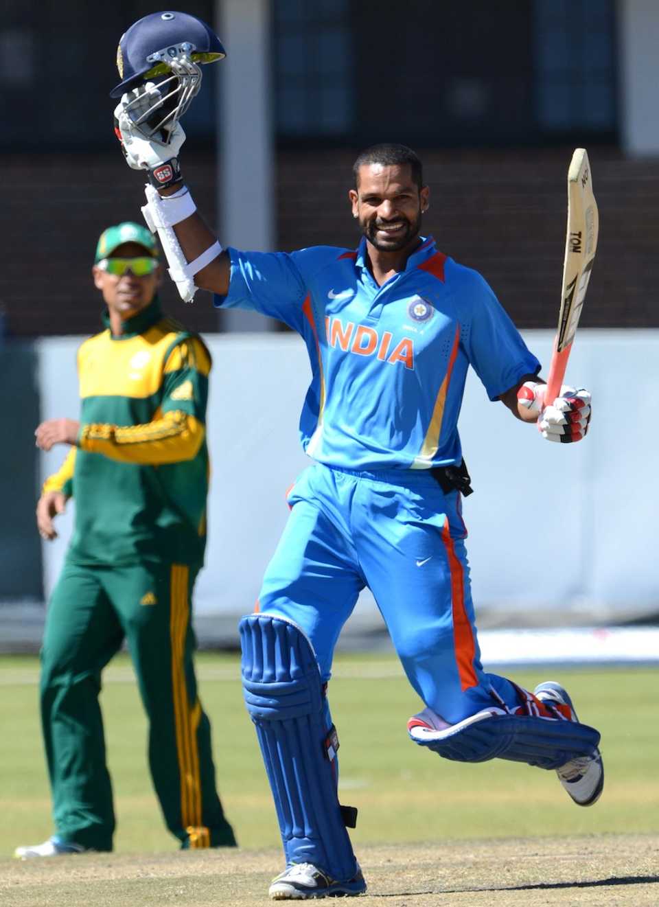 Shikhar Dhawan is ecstatic after reaching his double-century, South Africa A v India A, tri-series, Pretoria, August 12, 2013