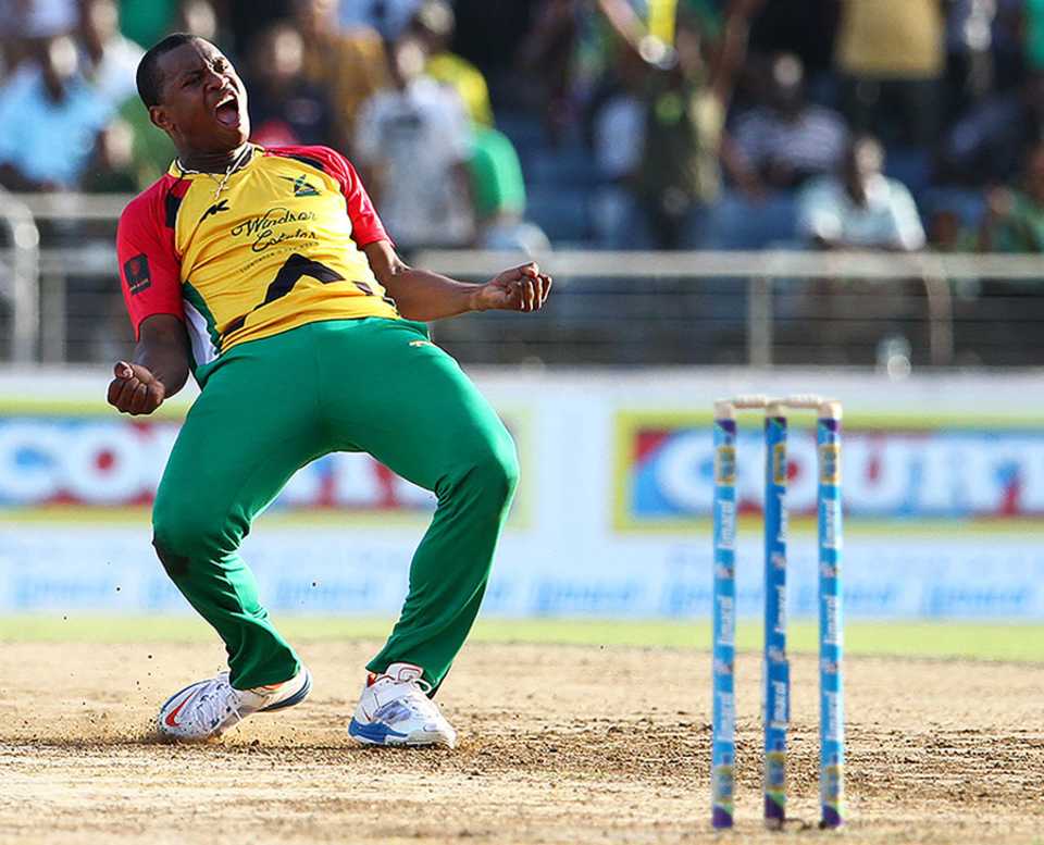 Christopher Barnwell celebrates after bowling Guyana to victory