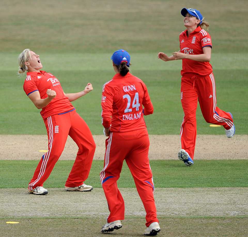 Katherine Brunt screams in delight at a wicket