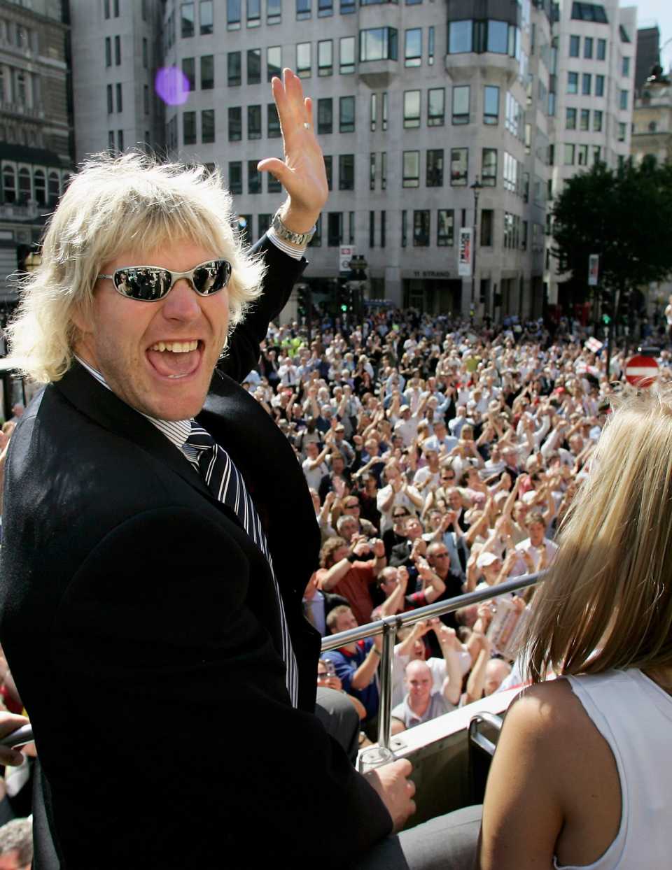 Matthew Hoggard waves to the crowd during the Ashes celebrations