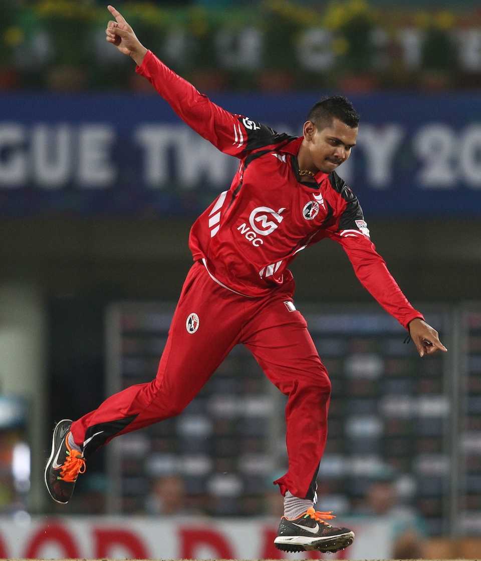 Sunil Narine takes off on a run after picking up a wicket, Brisbane Heat v Trinidad & Tobago, Champions League 2013, Group B, Ranchi, September 22, 2013
