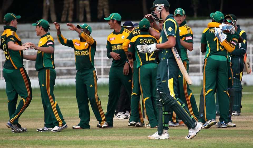 South Africa players celebrate a fall of wicket
