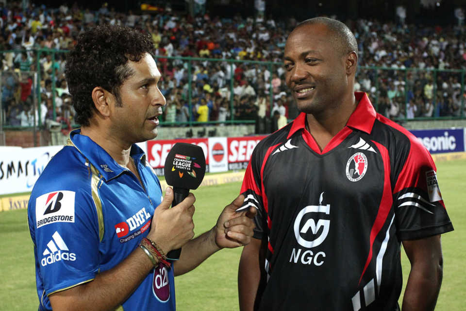 Sachin Tendulkar and Brian Lara were interviewed after the game, Mumbai Indians v Perth Scorchers, Champions League 2013,  Group A, Delhi, October 2, 2013 