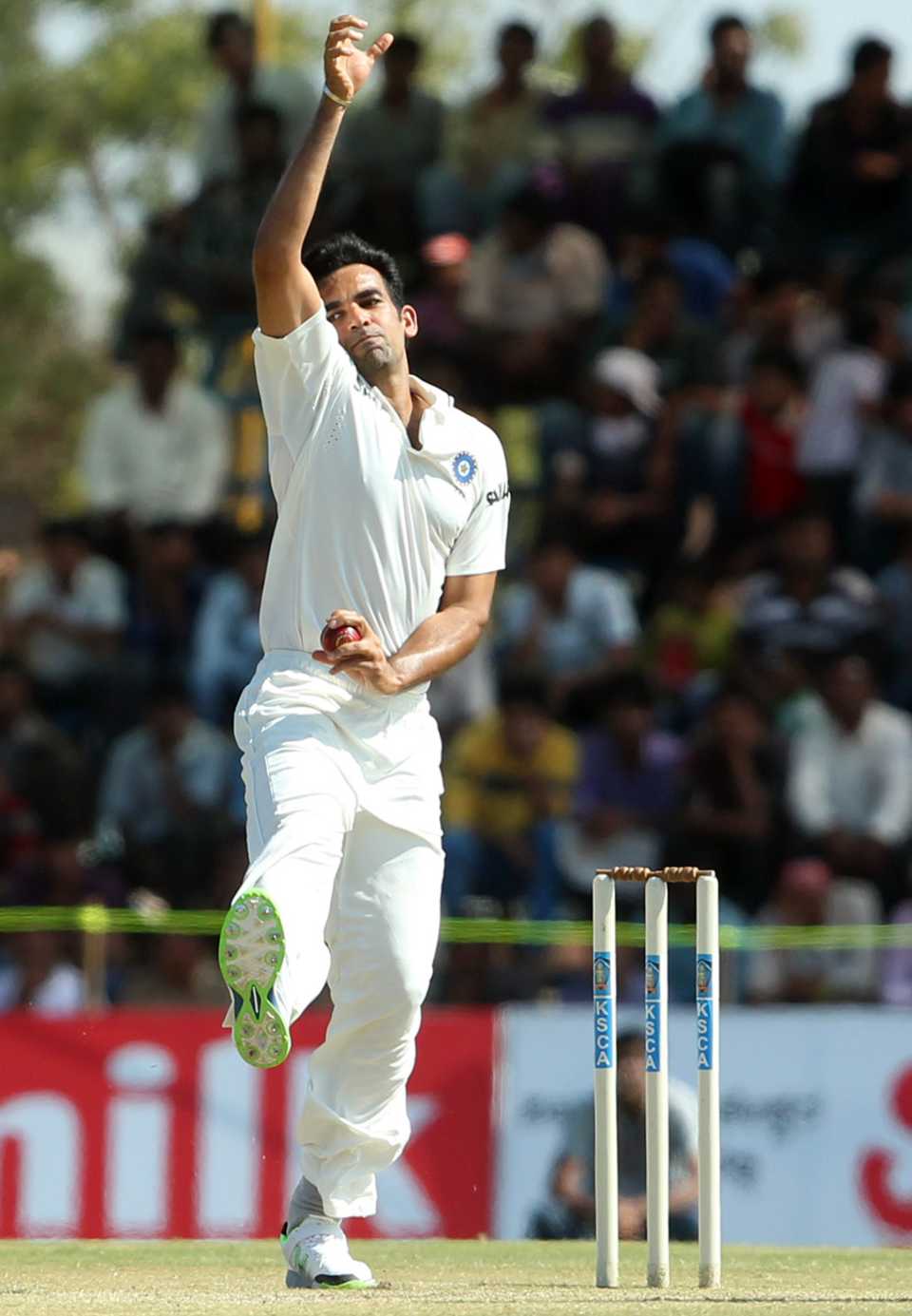 Zaheer Khan bowls against West Indies A, India A v West Indies A, 3rd unofficial Test, Hubli, 3rd day, October 11, 2013 