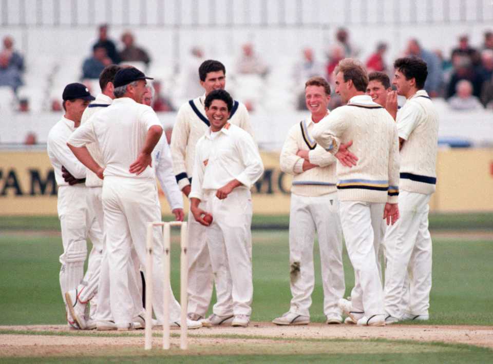 Sachin Tendulkar is congratulated by his Yorkshire team-mates for a wicket, Yorkshire v Kent, Benson & Hedges Cup, Leeds, April 30, 1992