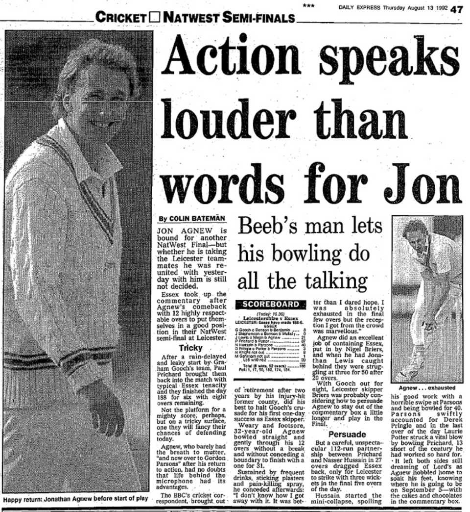 Press coverage of Jonathan Agnew's comeback, Grace Road, August 13, 1992