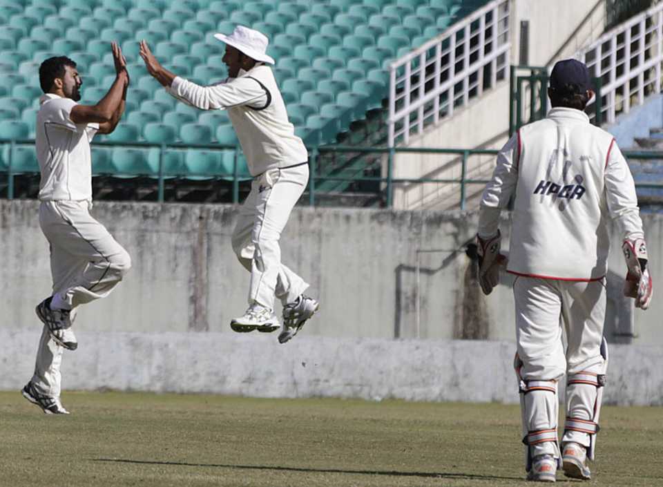 Rishi Dhawan celebrates a wicket with a team-mate
