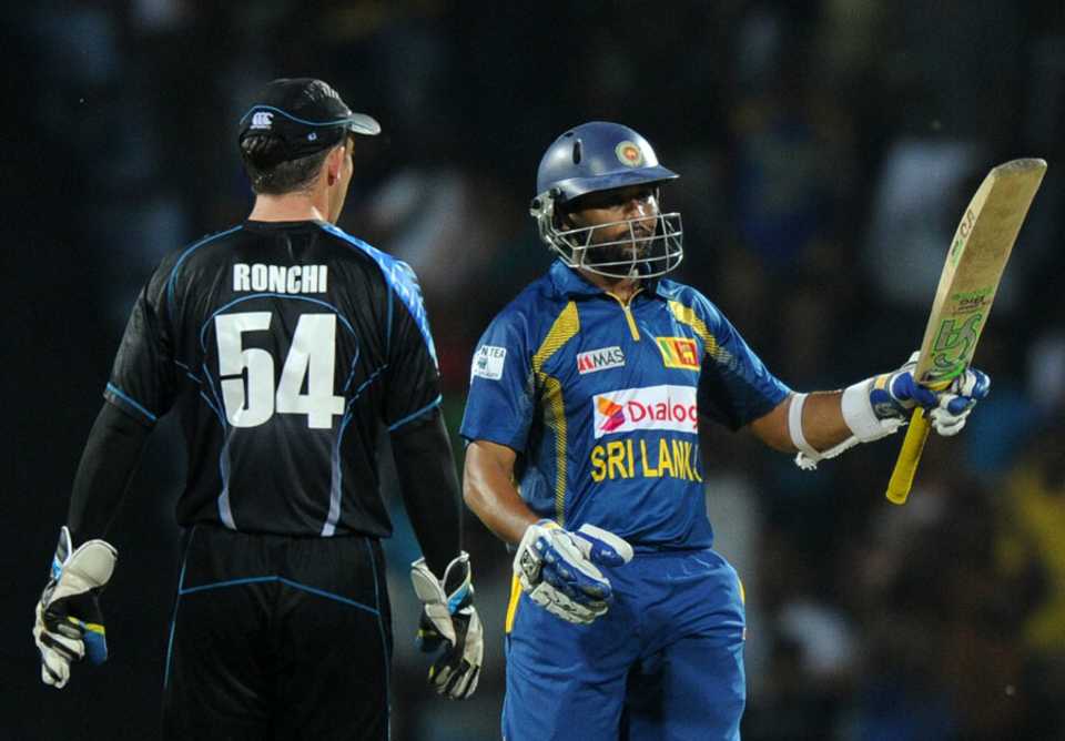 Tillakaratne Dilshan raises the bat after reaching his fifty, Sri Lanka v New Zealand, 2nd T20I, Pallekele, November 21, 2013