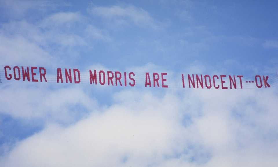 A banner in the sky supporting David Gower and John Morris, who were involved in the Tiger Moth incident, is flown over the WACA