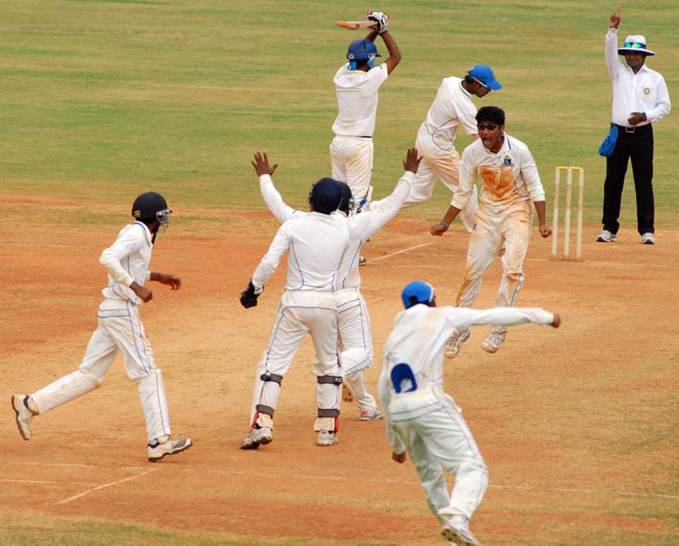 The Bengal players are overjoyed after claiming the final wicket, Tamil Nadu v Bengal, Ranji Trophy, Group B, Chennai, 3rd day,  January 1, 2013