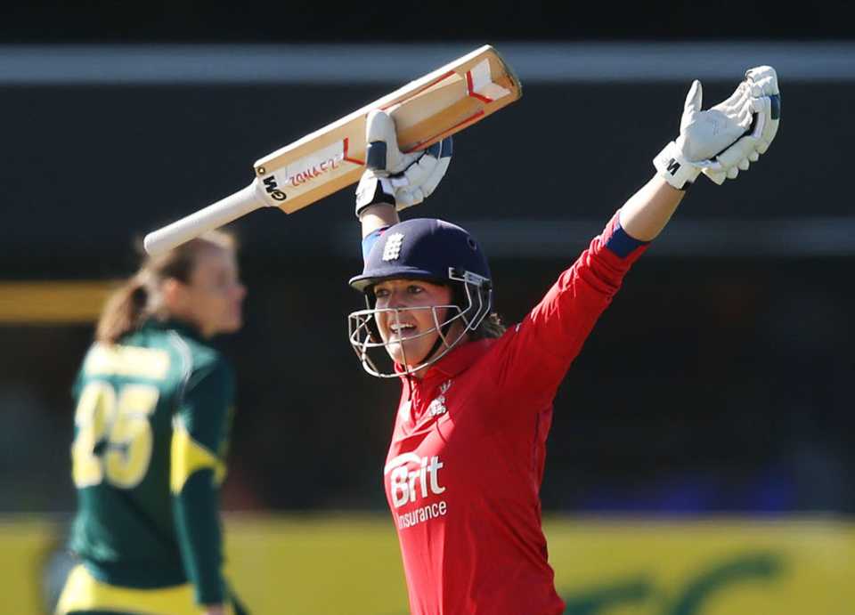 Sarah Taylor shows her delight, Australia v England, 1st Women's T20I, Hobart, January 29, 2014