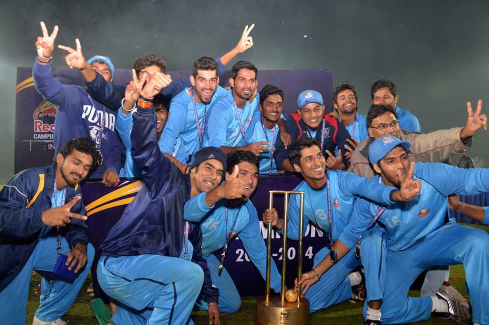 The victorious Rizvi Mumbai team pose with the trophy, MMM College Of Commerce (Pune) v Rizvi Mumbai, Red Bull Campus Cricket National Final, final, Chandigarh, February 7, 2014