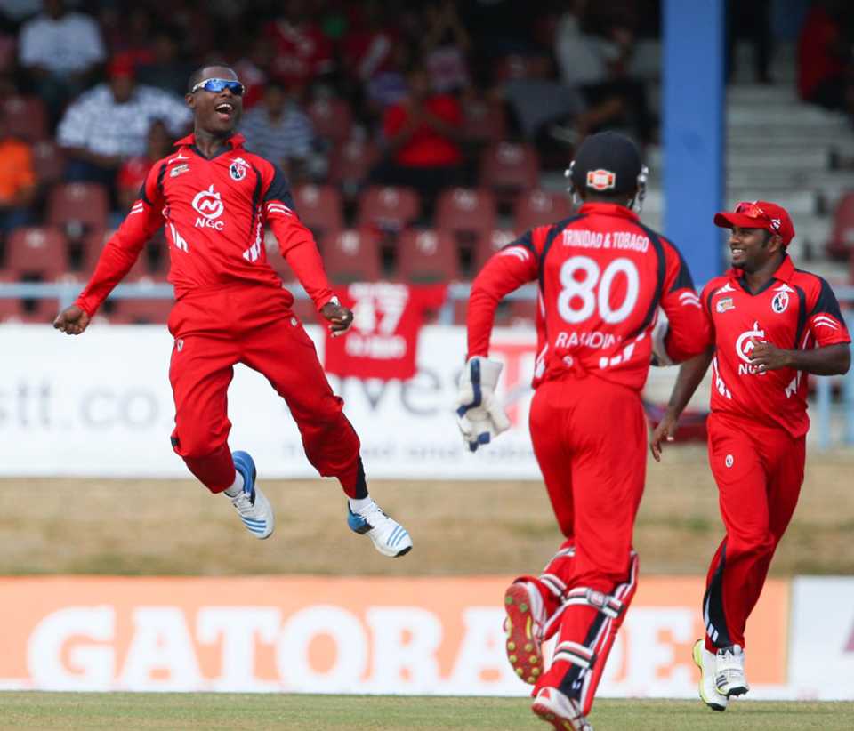 Jason Mohammed exults after a wicket