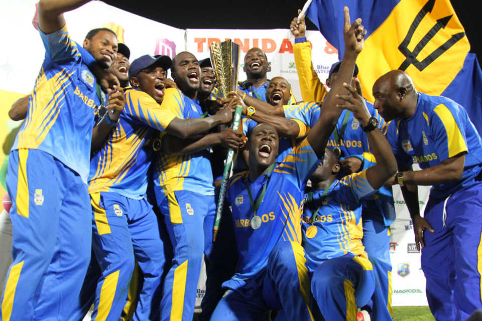 The Barbados team celebrate after winning the Super50 title, Trinidad & Tobago v Barbados, Nagico Super50, final, Port-of-Spain, February 15, 2014