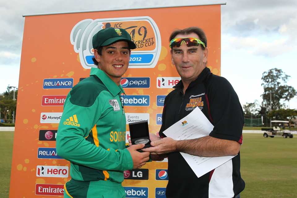 Quinton de Kock receives a Man-of-the-Match award during the 2012 Under-19 World Cup