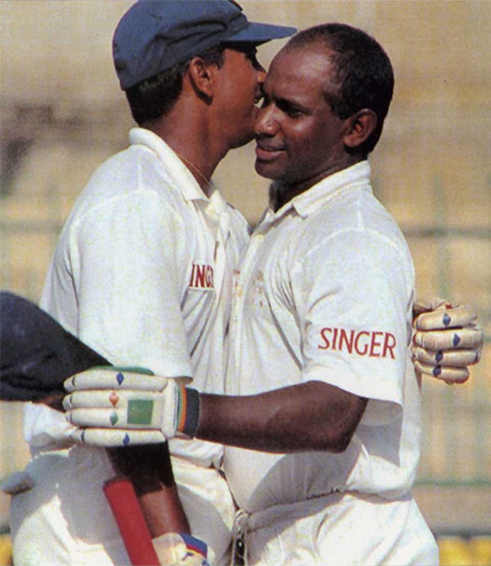 Sanath Jayasuriya is congratulated on reaching his 300, Sri Lanka v India, 1st Test, Colombo, August 6,1997